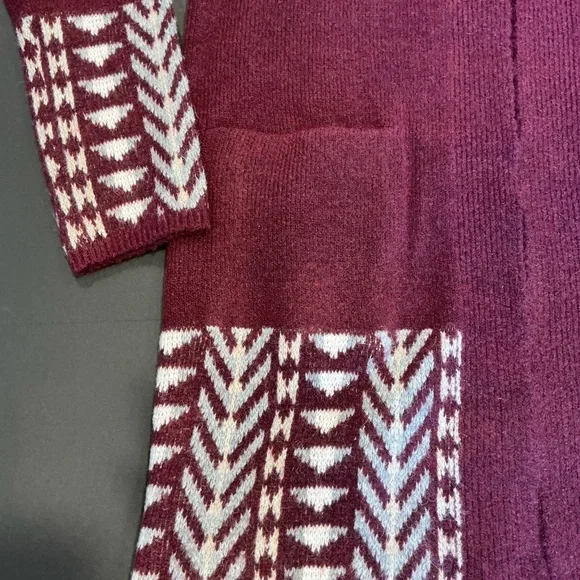 Frye Open Front Knit Cardigan Women Small Dark Red Patterned Longline - Picture 5 of 8